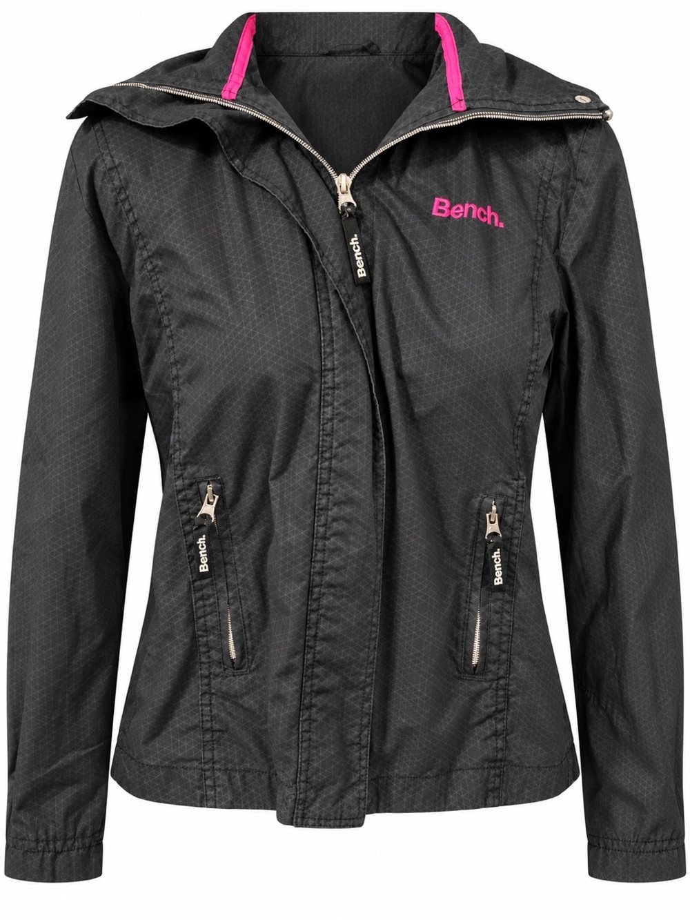 Bench Black Hooded Windbreaker Jacket Pink Logo Large